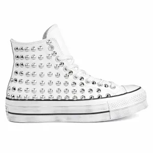 Converse All Star Alte Platform in Pelle con Borchie - Bianche