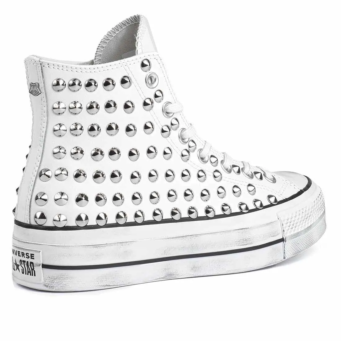 Converse All Star Alte Platform in Pelle con Borchie - Bianche