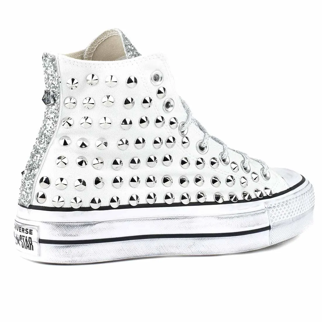 Converse All Star Borchiate con Glitter - Alte suola Platform - Bianche