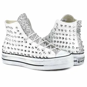 Converse All Star Borchiate con Glitter - Alte suola Platform - Bianche