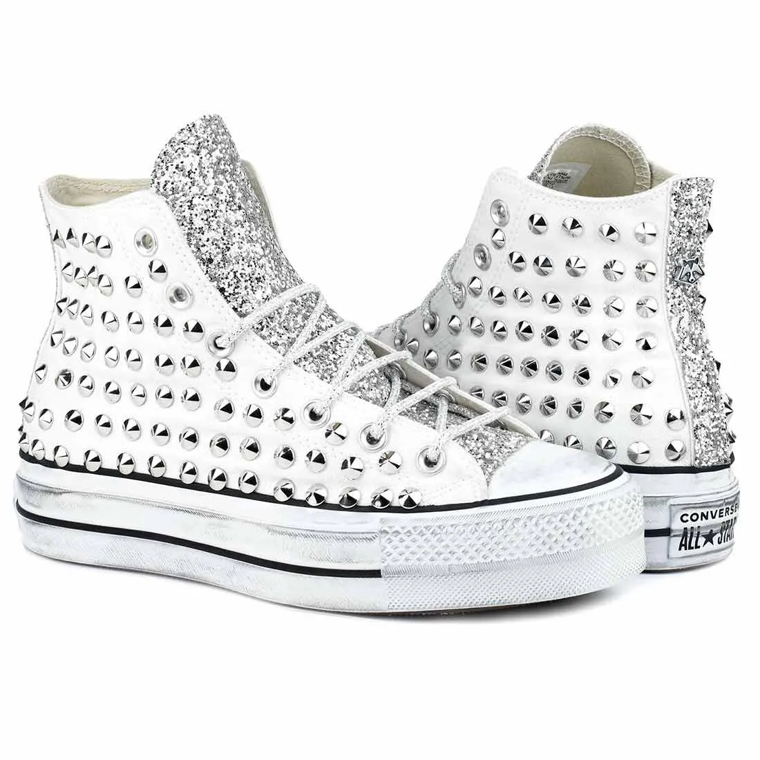 Converse All Star Borchiate con Glitter - Alte suola Platform - Bianche