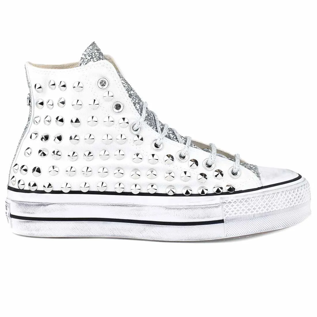 Converse All Star Borchiate con Glitter - Alte suola Platform - Bianche