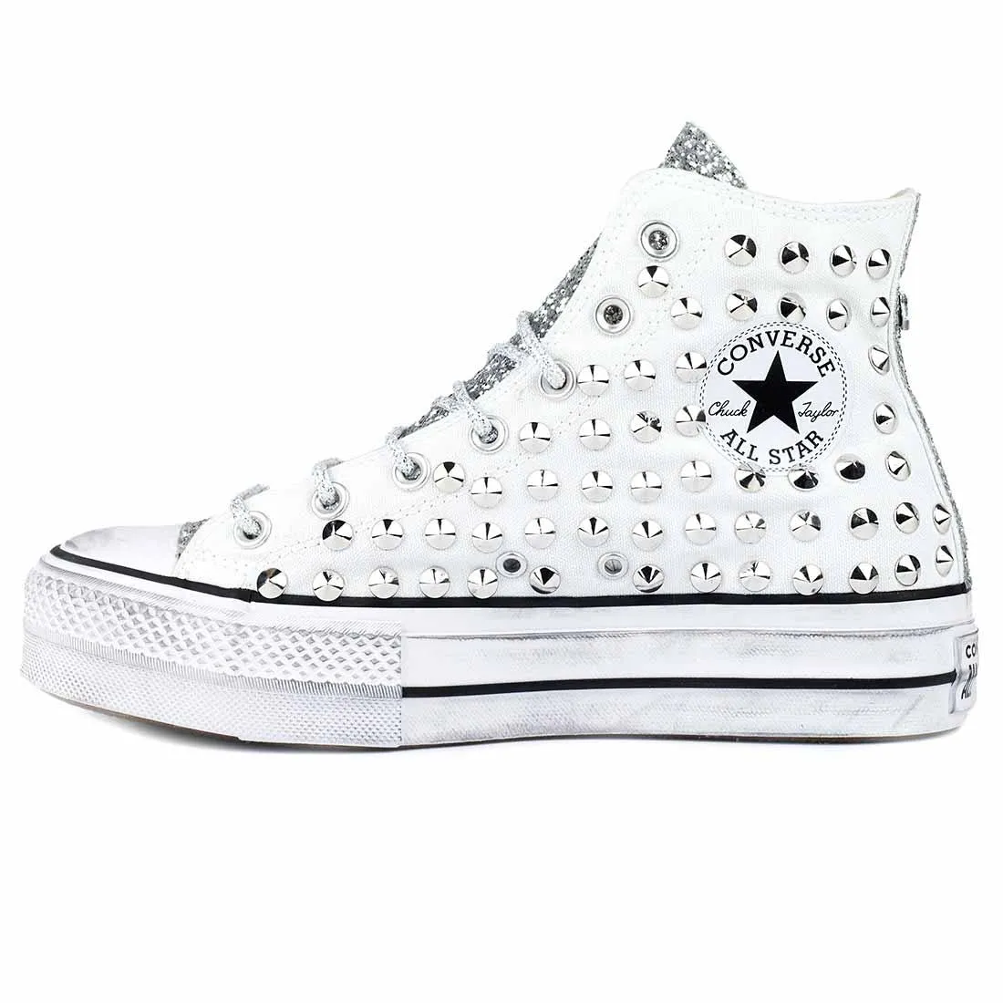 Converse All Star Borchiate con Glitter - Alte suola Platform - Bianche
