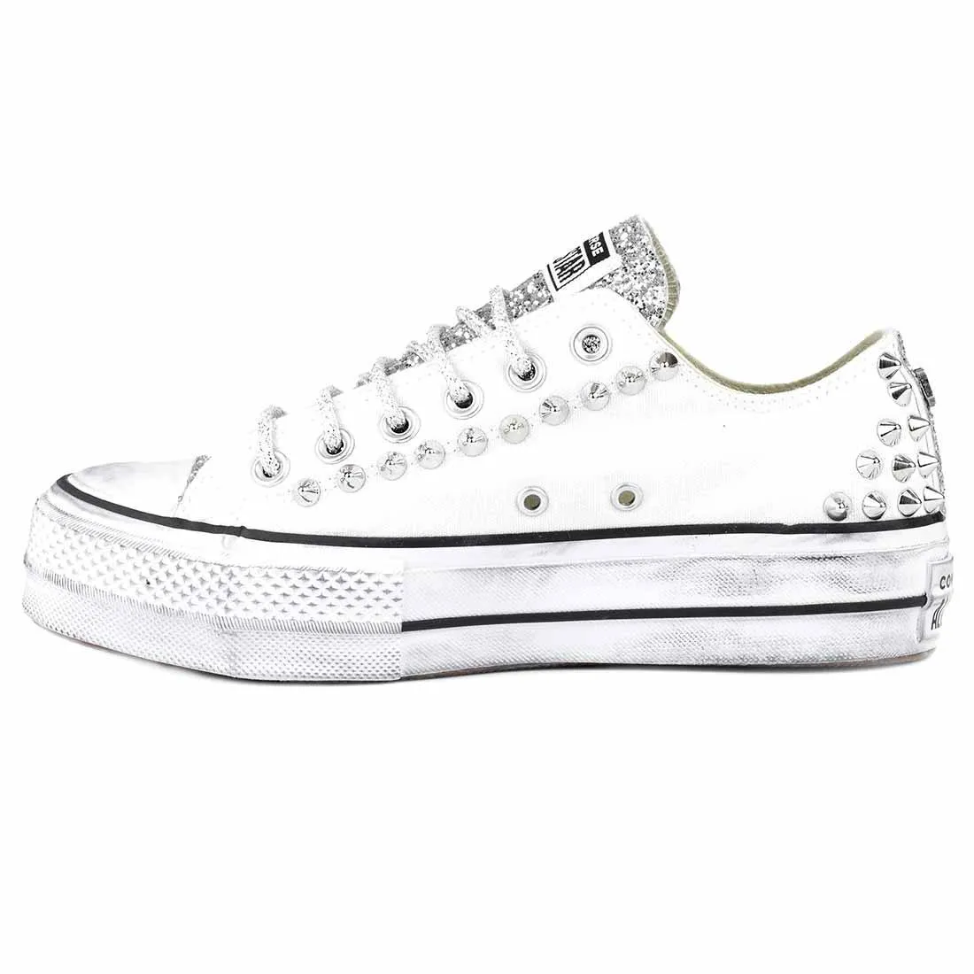 Converse All Star Borchiate con Glitter Argento - Basse suola Platform - Bianche