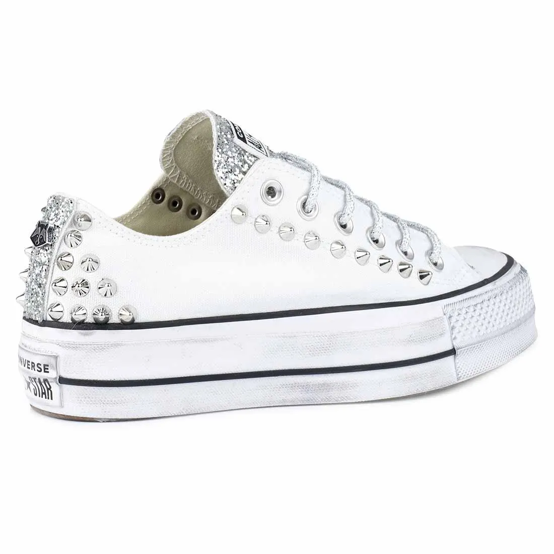 Converse All Star Borchiate con Glitter Argento - Basse suola Platform - Bianche