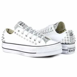 Converse All Star Borchiate con Glitter Argento - Basse suola Platform - Bianche