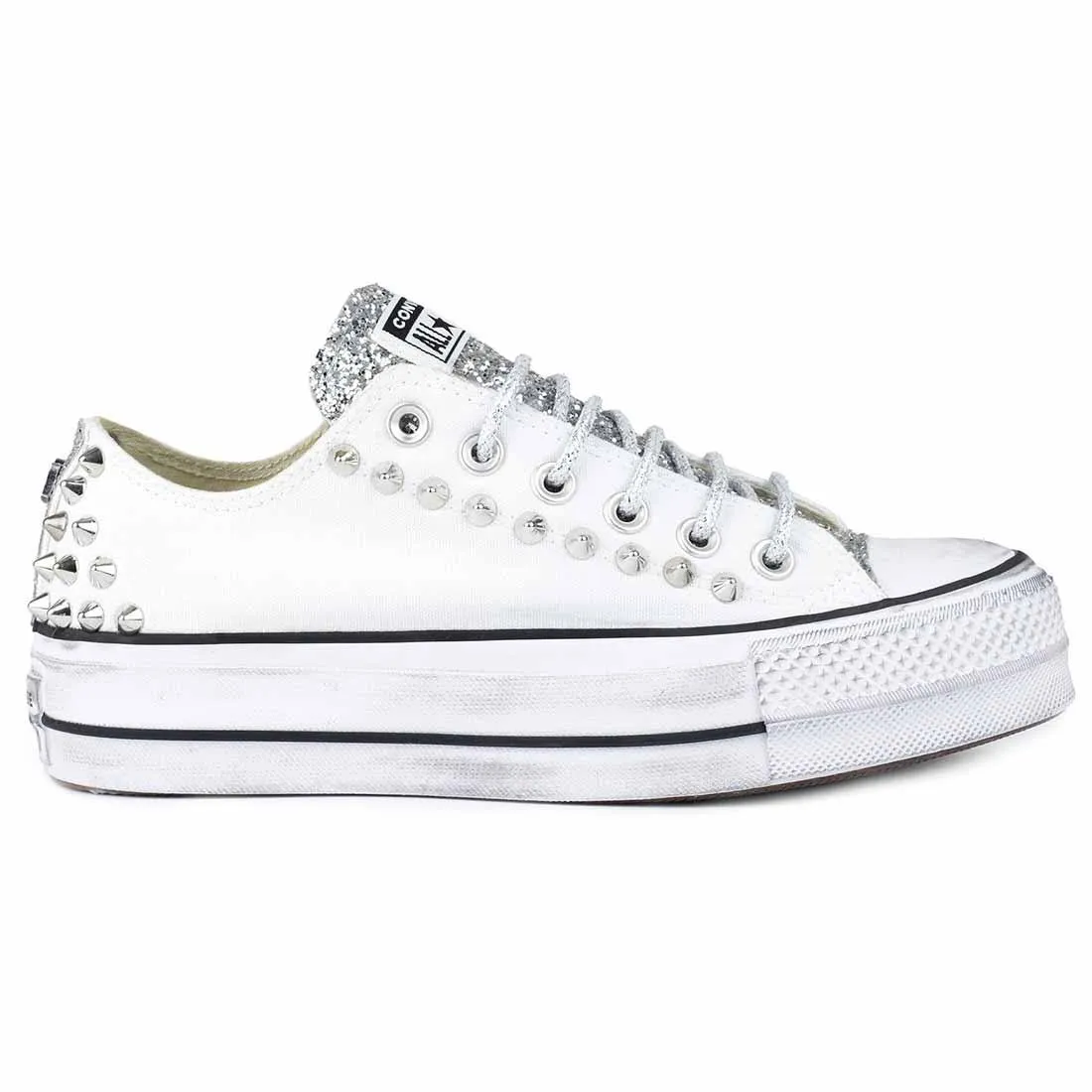 Converse All Star Borchiate con Glitter Argento - Basse suola Platform - Bianche