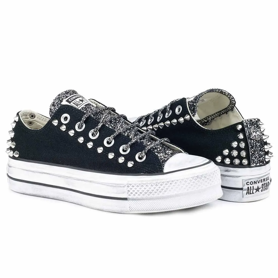 Converse All Star Borchiate con Glitter Nero - Basse suola Platform - Nere