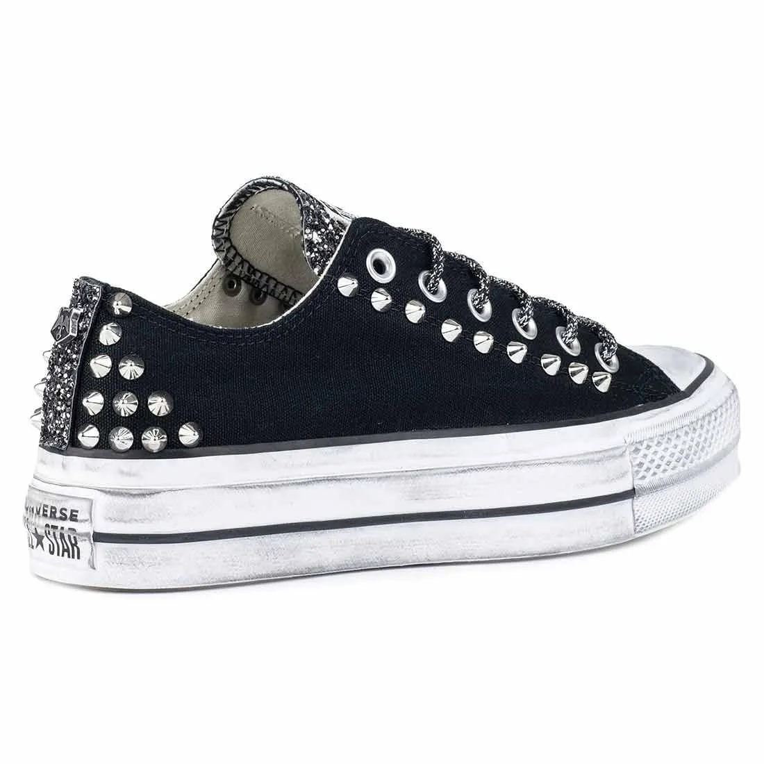 Converse All Star Borchiate con Glitter Nero - Basse suola Platform - Nere