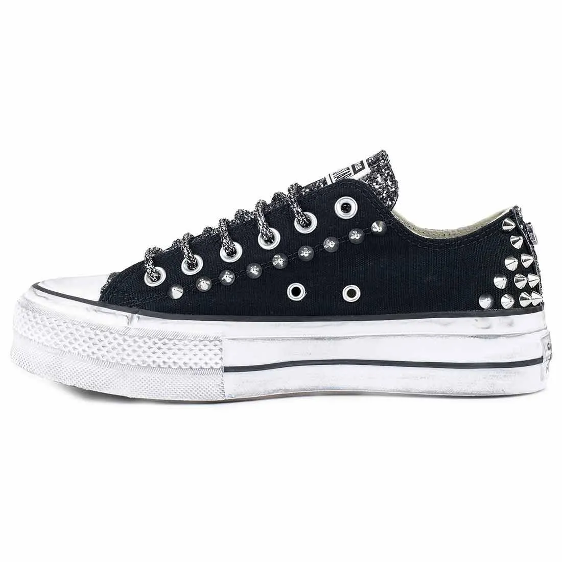 Converse All Star Borchiate con Glitter Nero - Basse suola Platform - Nere