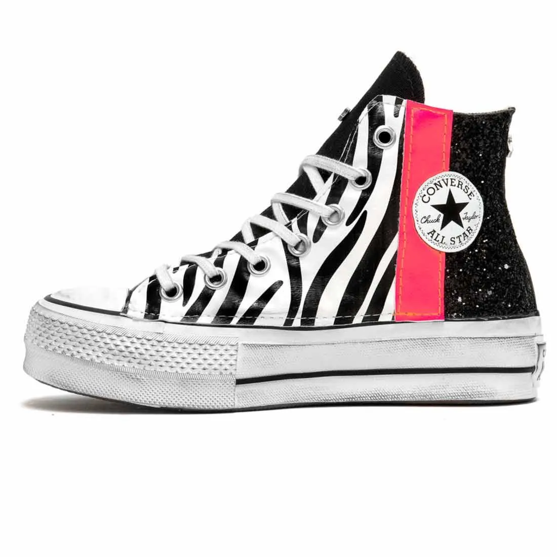 Converse All Star Zebrate Glitter nero e Rosa Fluo - Suola Platform