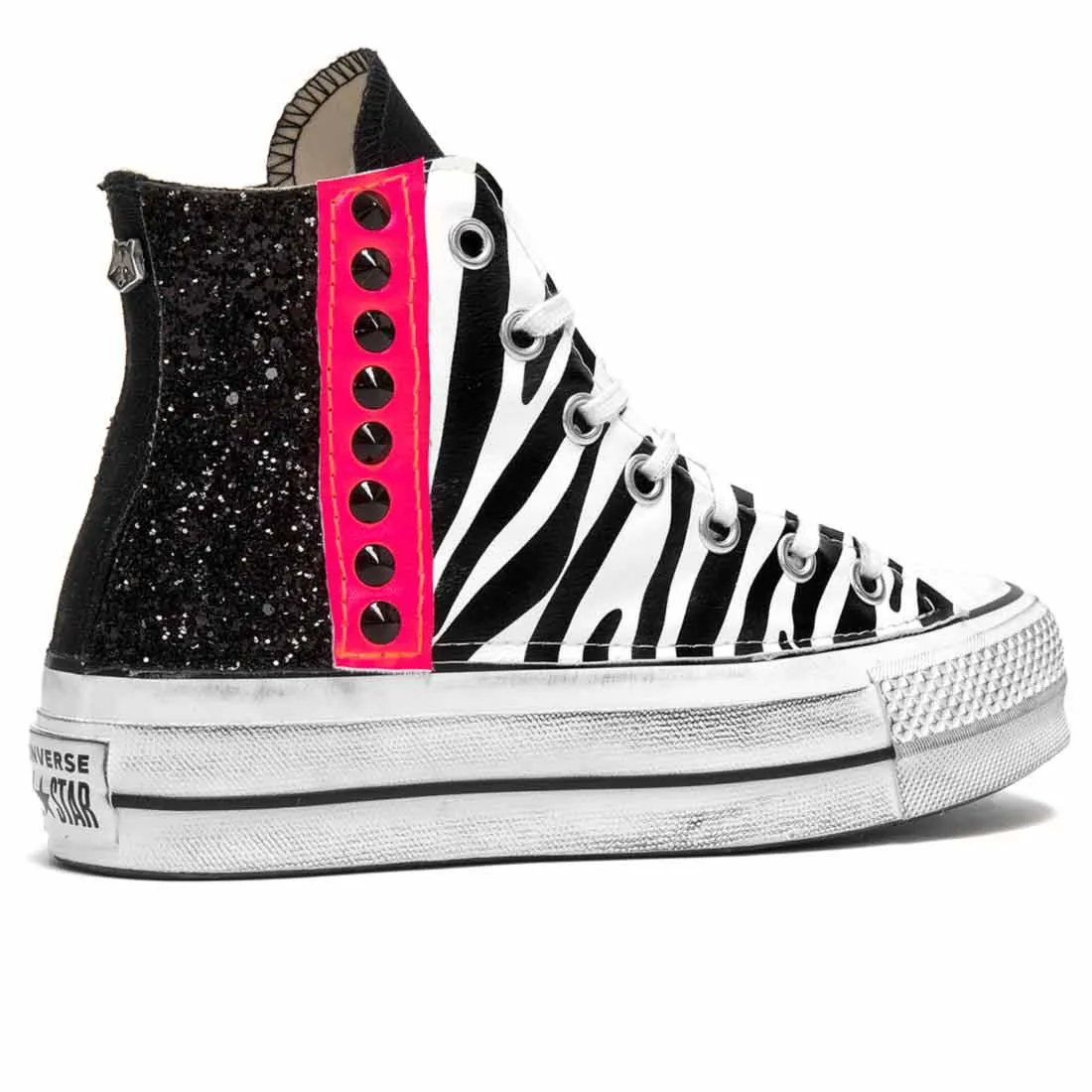 Converse All Star Zebrate Glitter nero e Rosa Fluo - Suola Platform