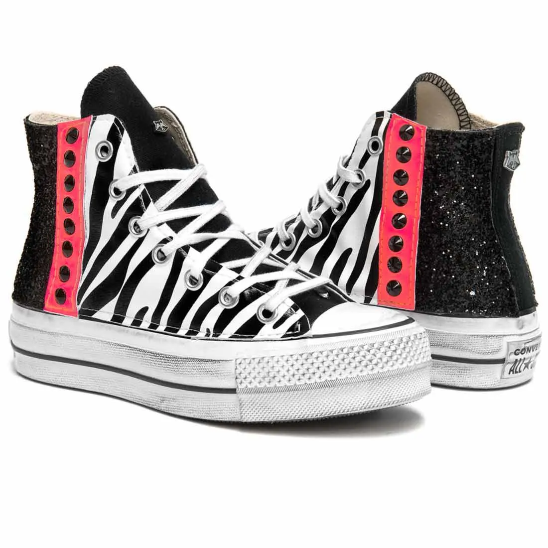 Converse All Star Zebrate Glitter nero e Rosa Fluo - Suola Platform