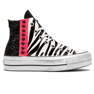 Converse All Star Zebrate Glitter nero e Rosa Fluo - Suola Platform