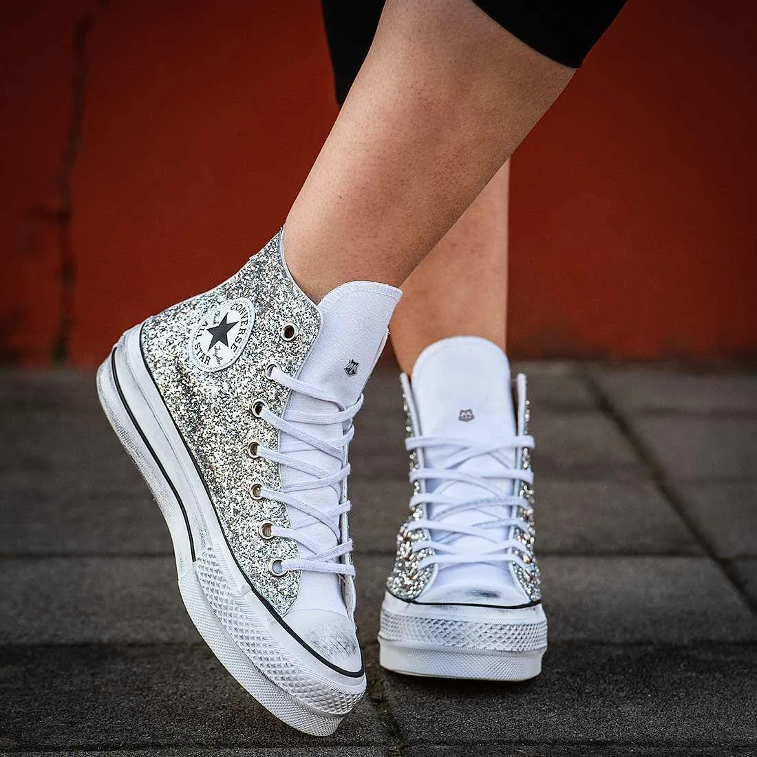 Converse Platform con Glitter Argento - Alte