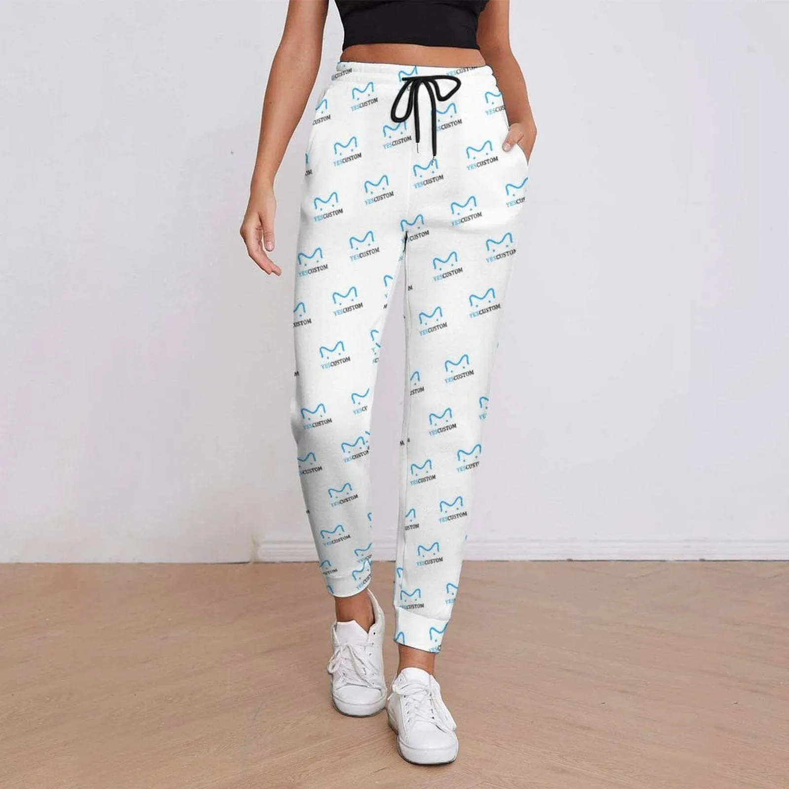 Custom Logo Sweatpants White Background Closed Bottom Women's All Over Print Personalized Casual Sweatpants