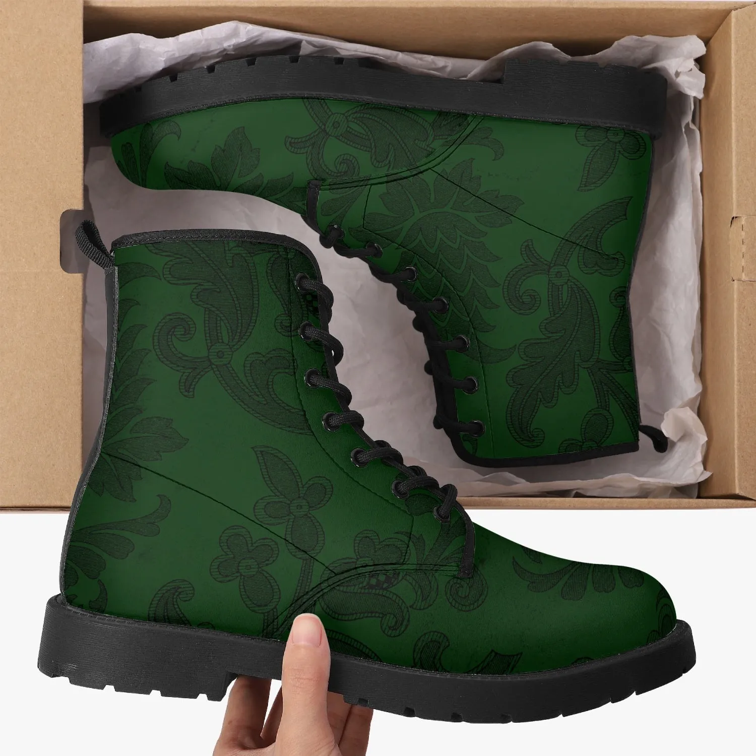 Dark Bottle Green Damask Pattern Vegan leather Combat Boots - Green Boots (JPREG38)
