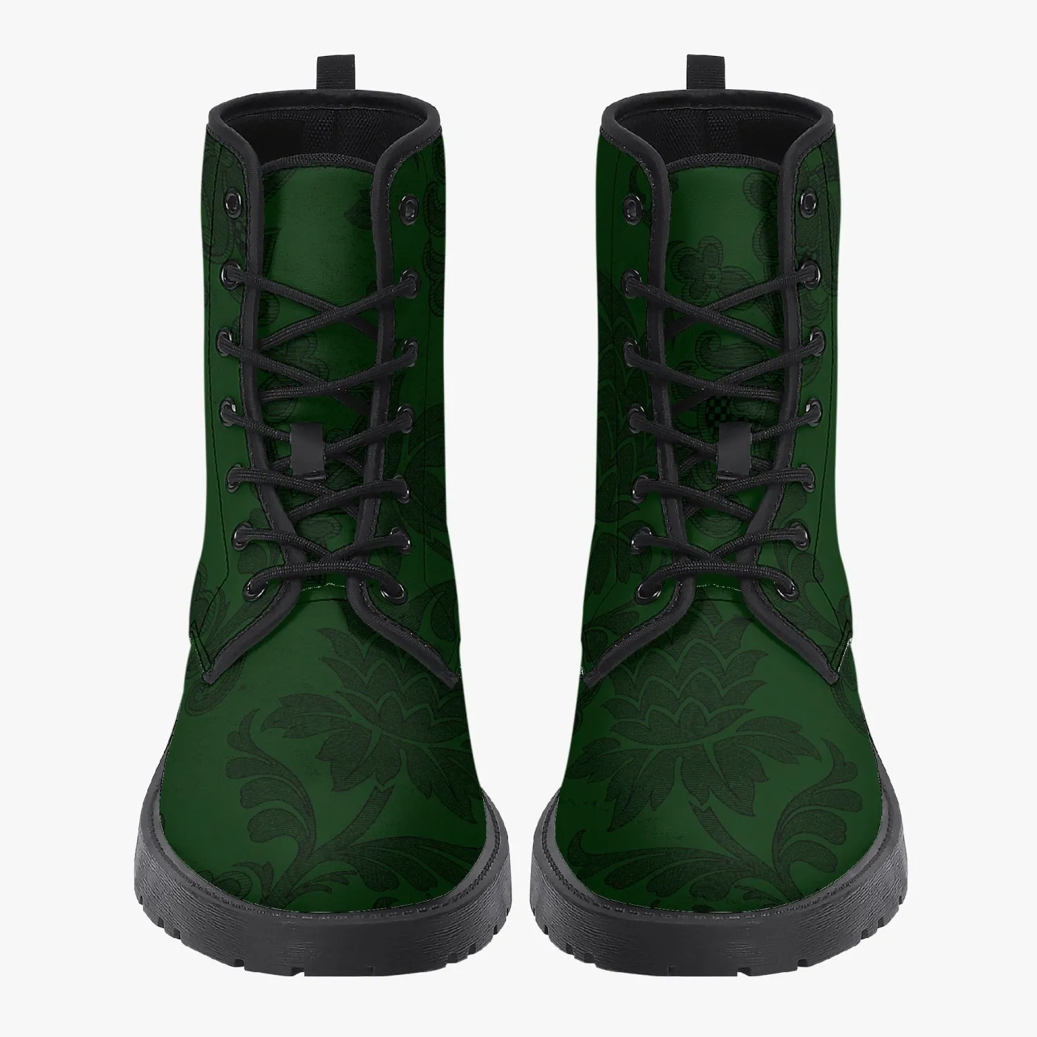 Dark Bottle Green Damask Pattern Vegan leather Combat Boots - Green Boots (JPREG38)