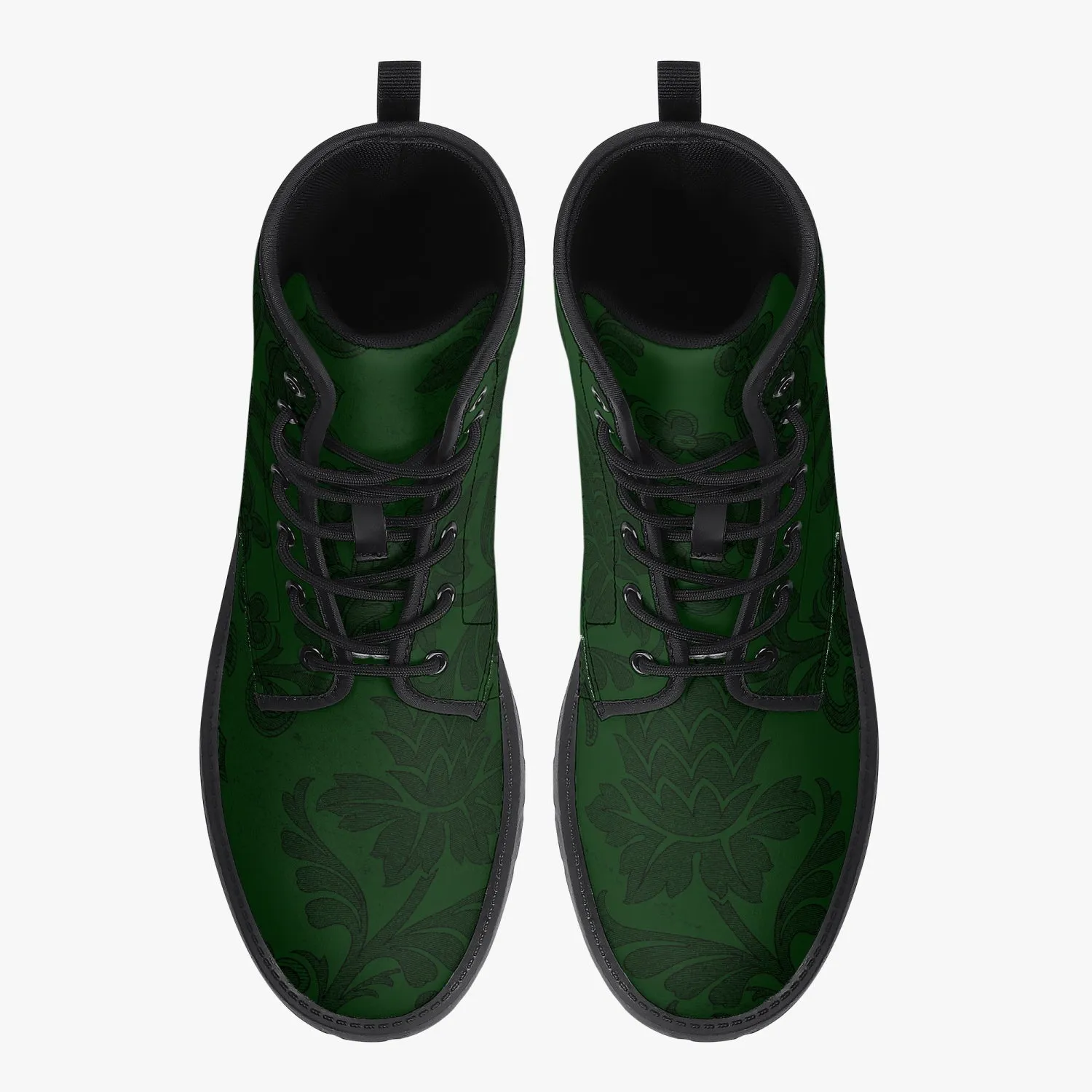 Dark Bottle Green Damask Pattern Vegan leather Combat Boots - Green Boots (JPREG38)