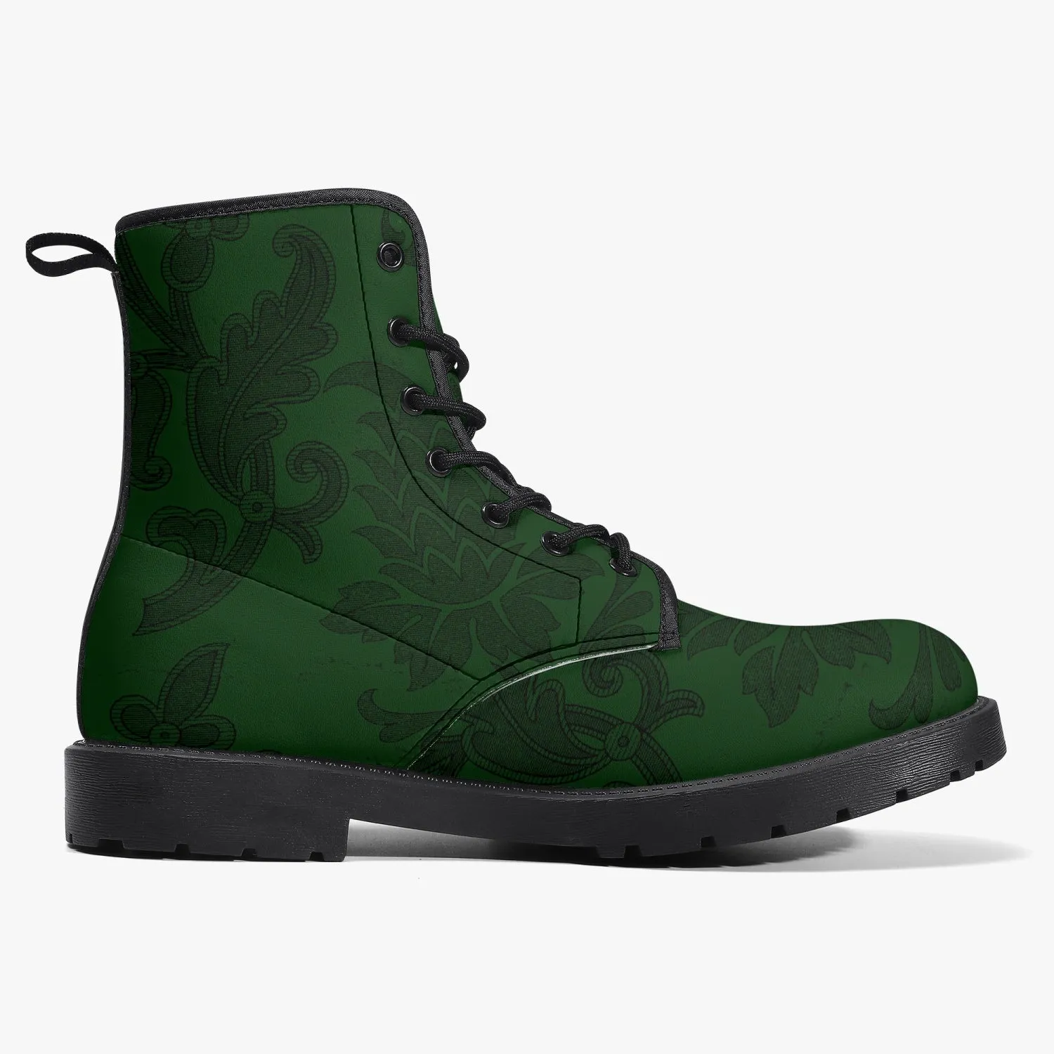 Dark Bottle Green Damask Pattern Vegan leather Combat Boots - Green Boots (JPREG38)