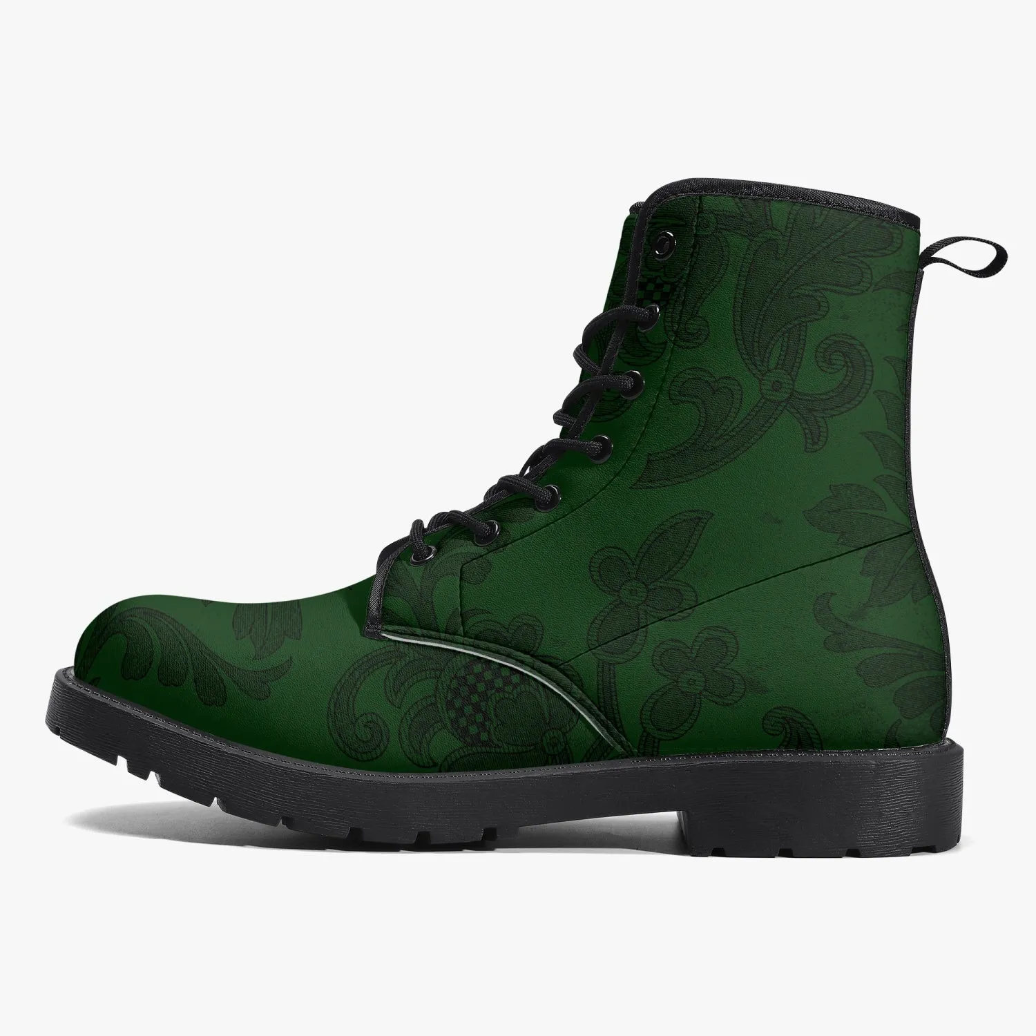Dark Bottle Green Damask Pattern Vegan leather Combat Boots - Green Boots (JPREG38)