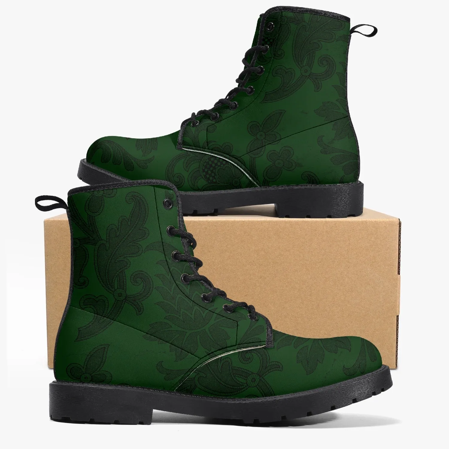 Dark Bottle Green Damask Pattern Vegan leather Combat Boots - Green Boots (JPREG38)