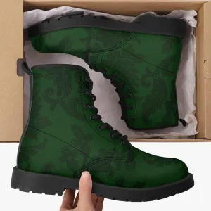 Dark Bottle Green Damask Pattern Vegan leather Combat Boots - Green Boots (JPREG38)