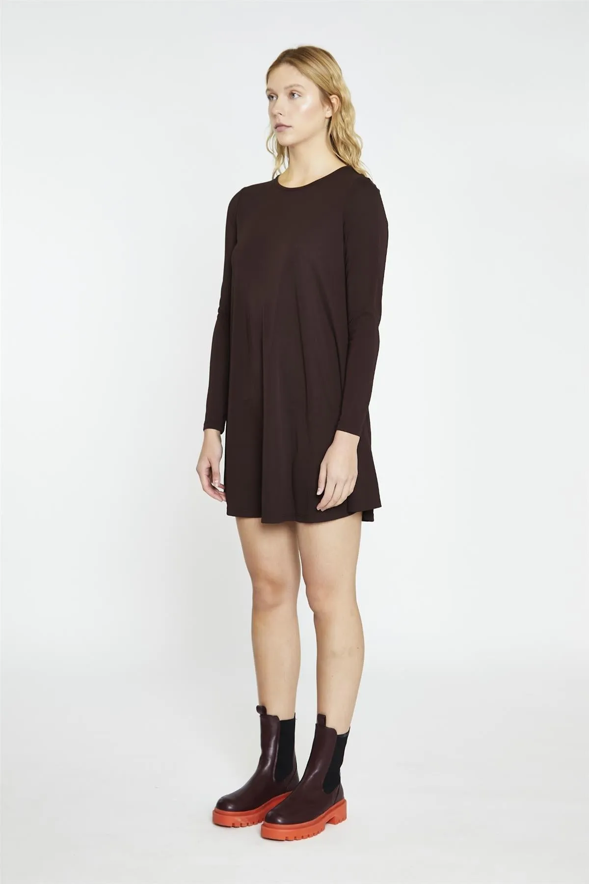 Dark-Brown Basic Long-Sleeve Mini-Dress
