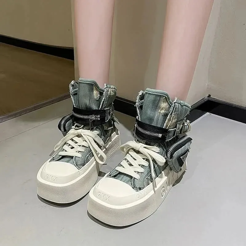 Denim Ankle Platform Boots for Women with Side Pocket