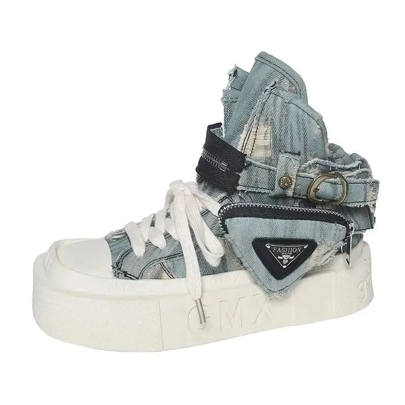Denim Ankle Platform Boots for Women with Side Pocket