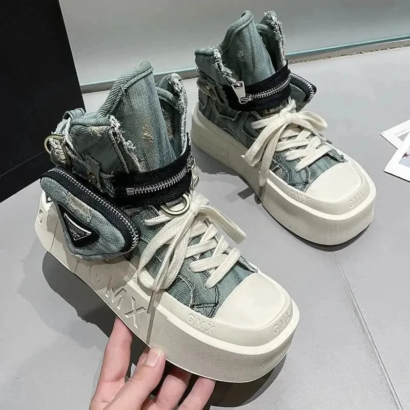 Denim Ankle Platform Boots for Women with Side Pocket