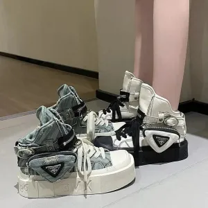 Denim Ankle Platform Boots for Women with Side Pocket