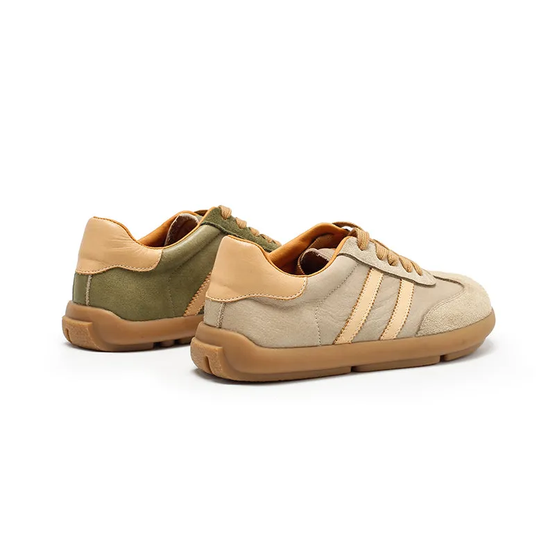 Dwarves Army Trainer Genuine Leather Sneakers for Women with Stripes in Khaki/Black/Light Grey/Green