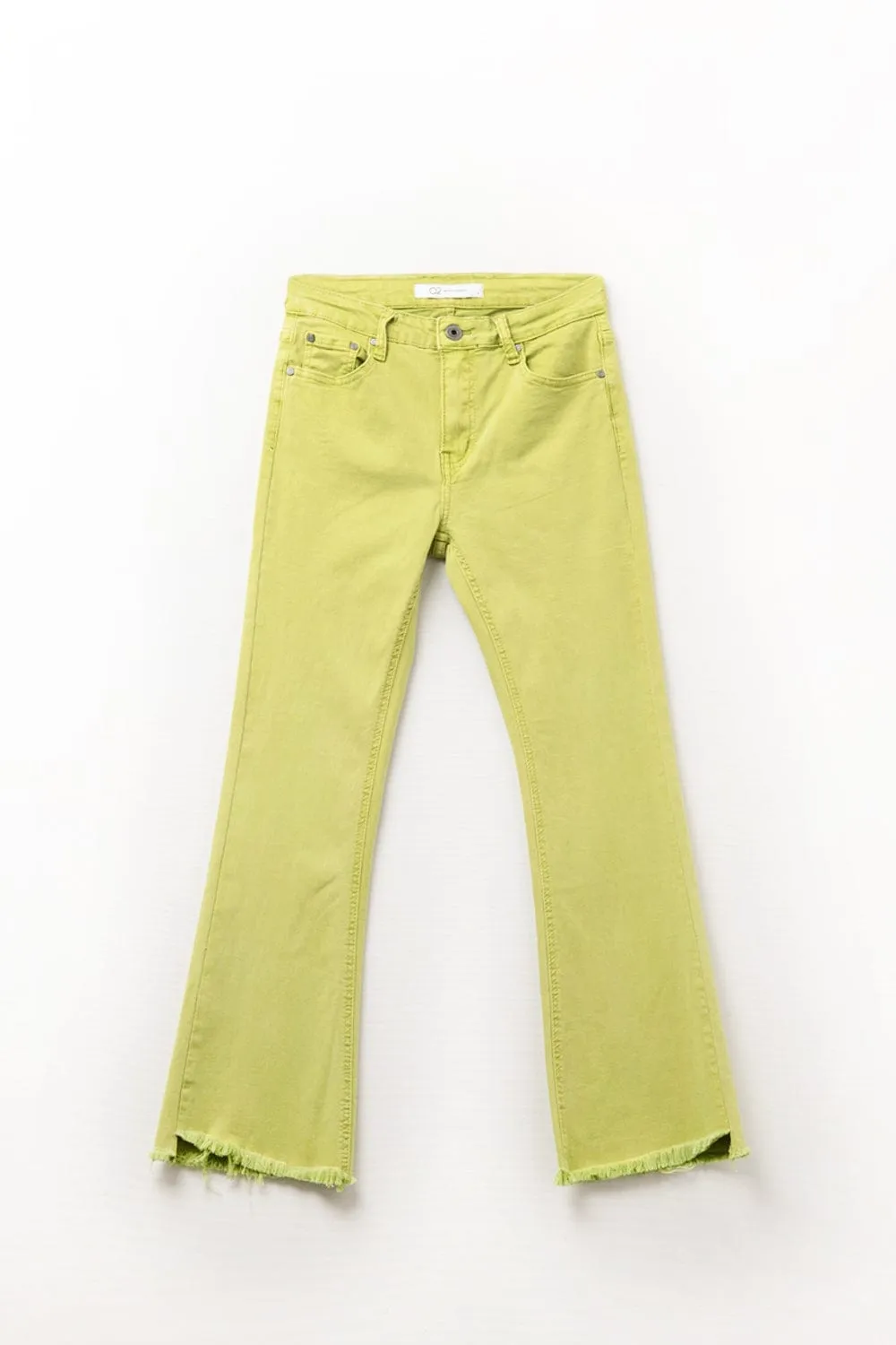 Flare Jeans With Raw Hem Edge In Lime Color