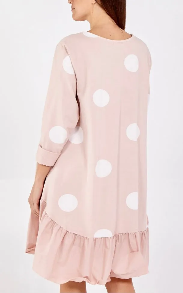 Frill Hem Big Polka Dots Dress In Blush
