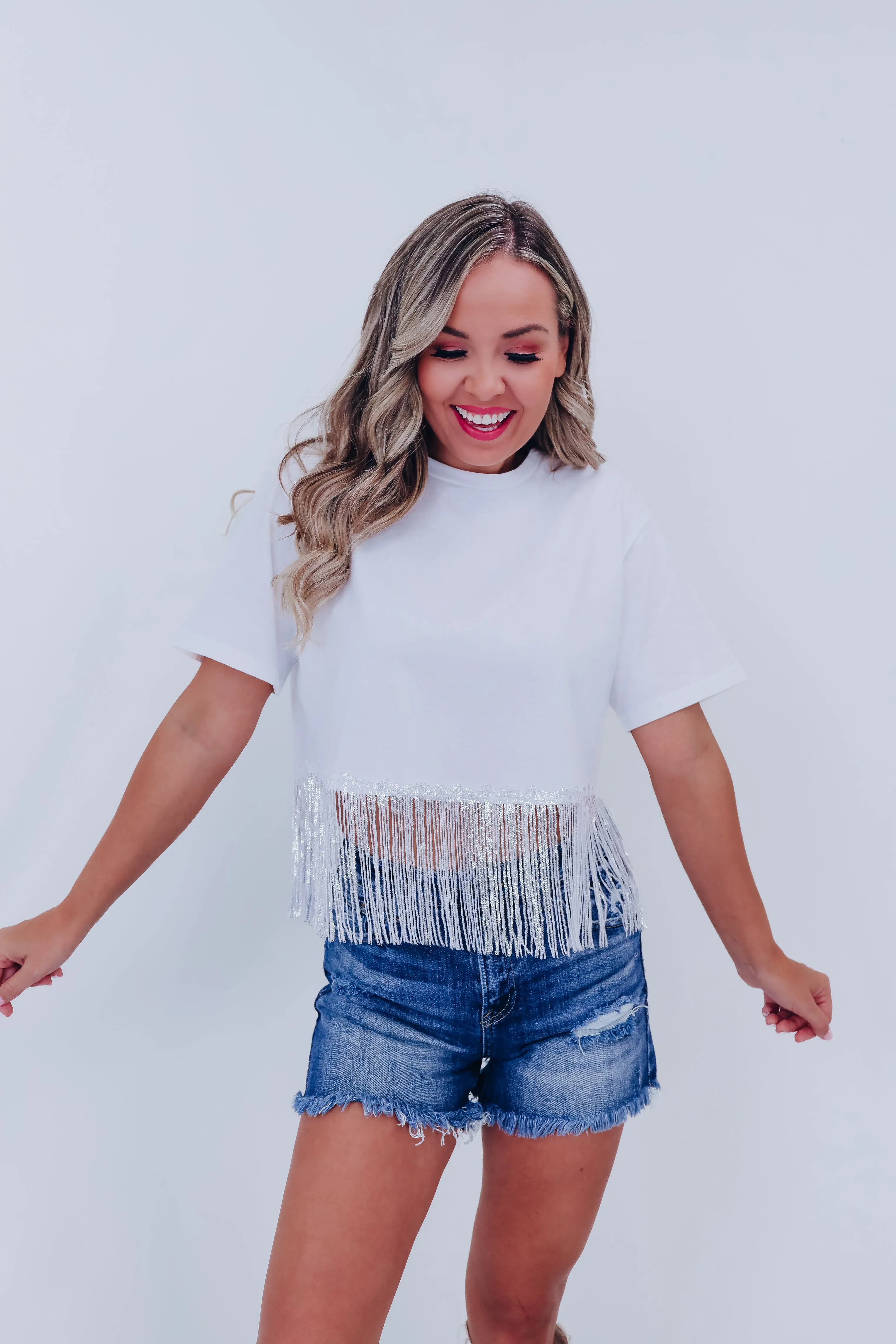 Fringe Trend Sequin  Crop Top - White