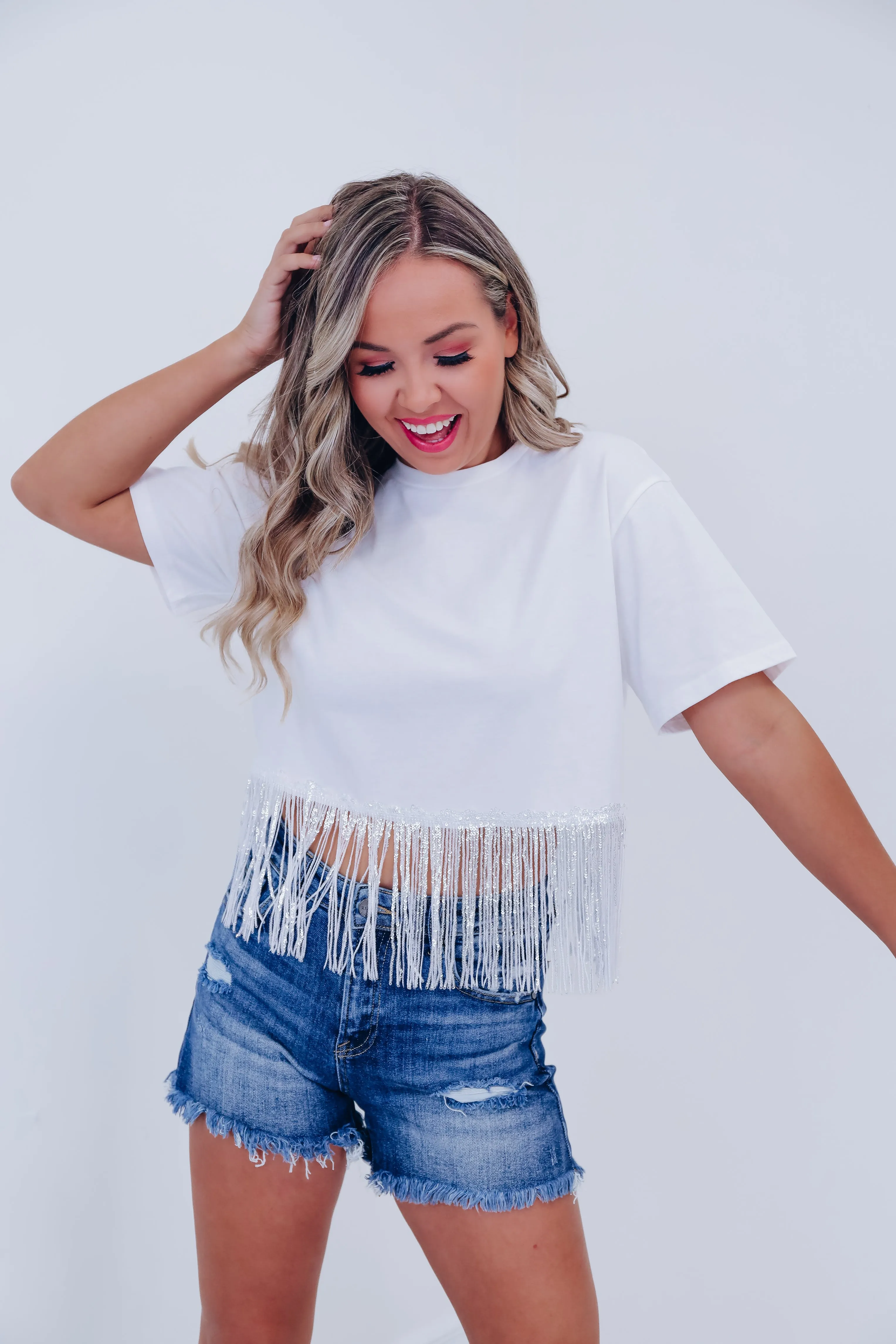 Fringe Trend Sequin  Crop Top - White
