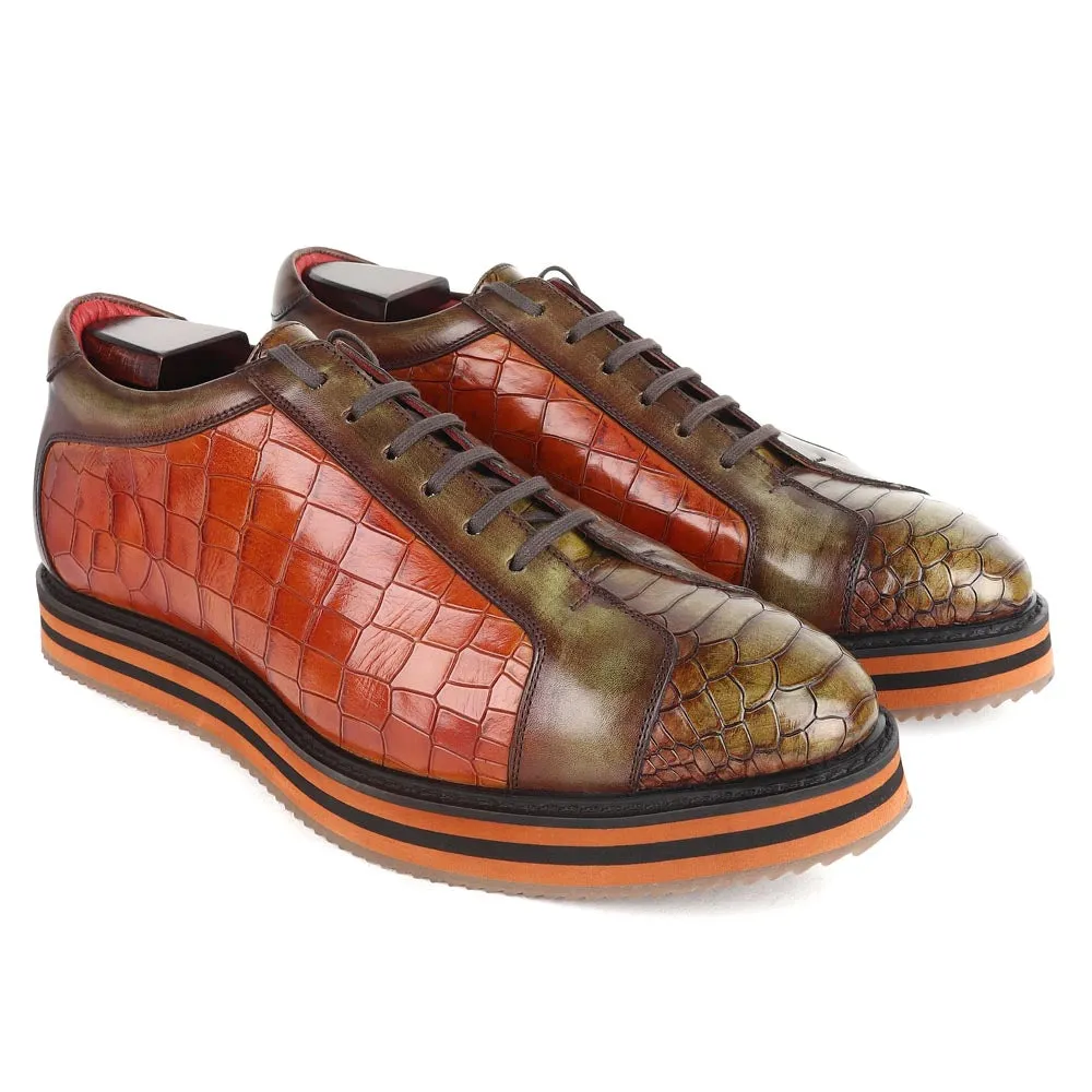 Green   Tan Croco Mirror Glossed Patina Platform Sneakers