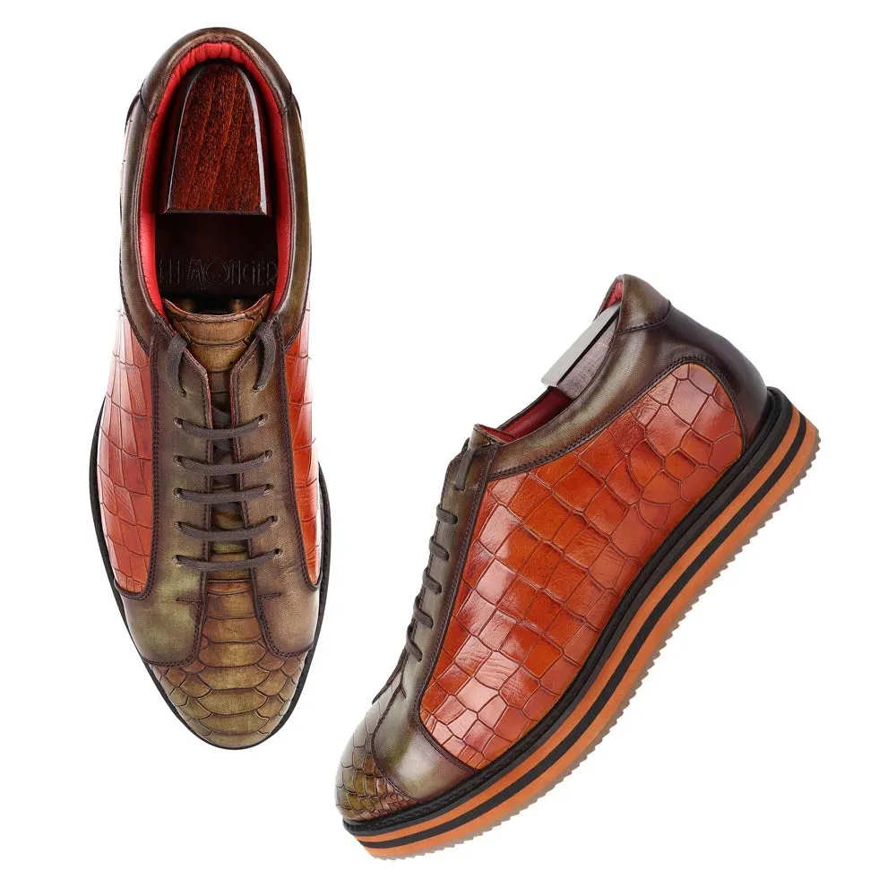 Green   Tan Croco Mirror Glossed Patina Platform Sneakers