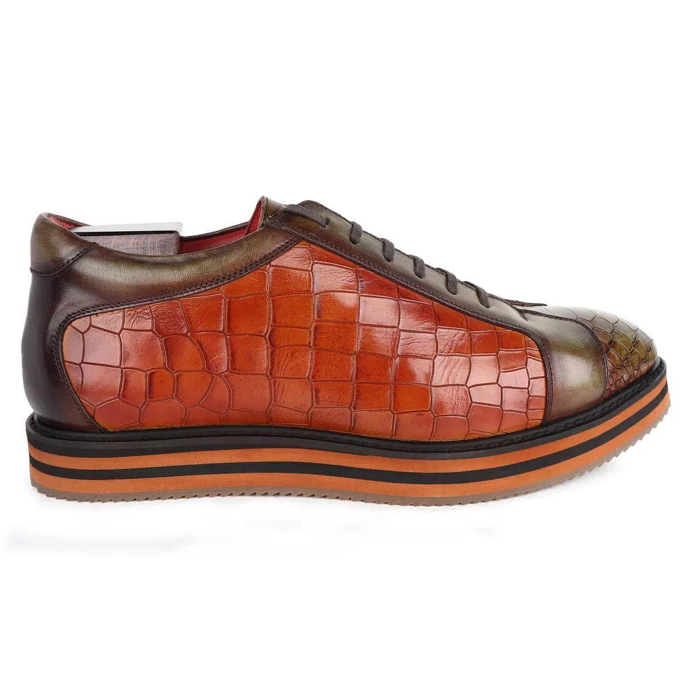 Green   Tan Croco Mirror Glossed Patina Platform Sneakers