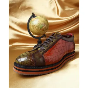 Green   Tan Croco Mirror Glossed Patina Platform Sneakers