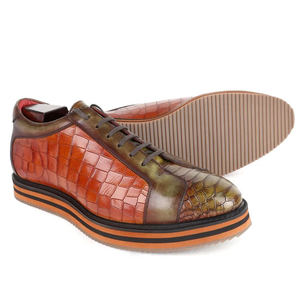 Green   Tan Croco Mirror Glossed Patina Platform Sneakers