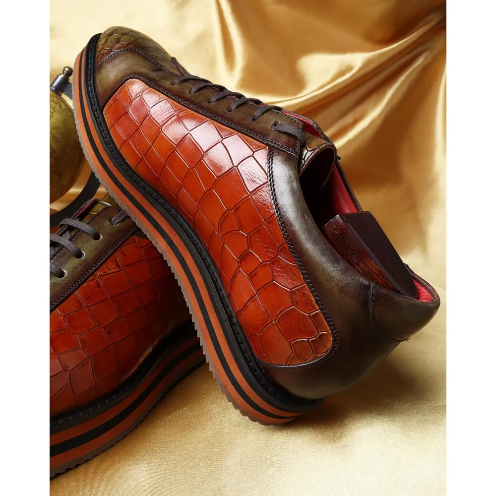 Green   Tan Croco Mirror Glossed Patina Platform Sneakers