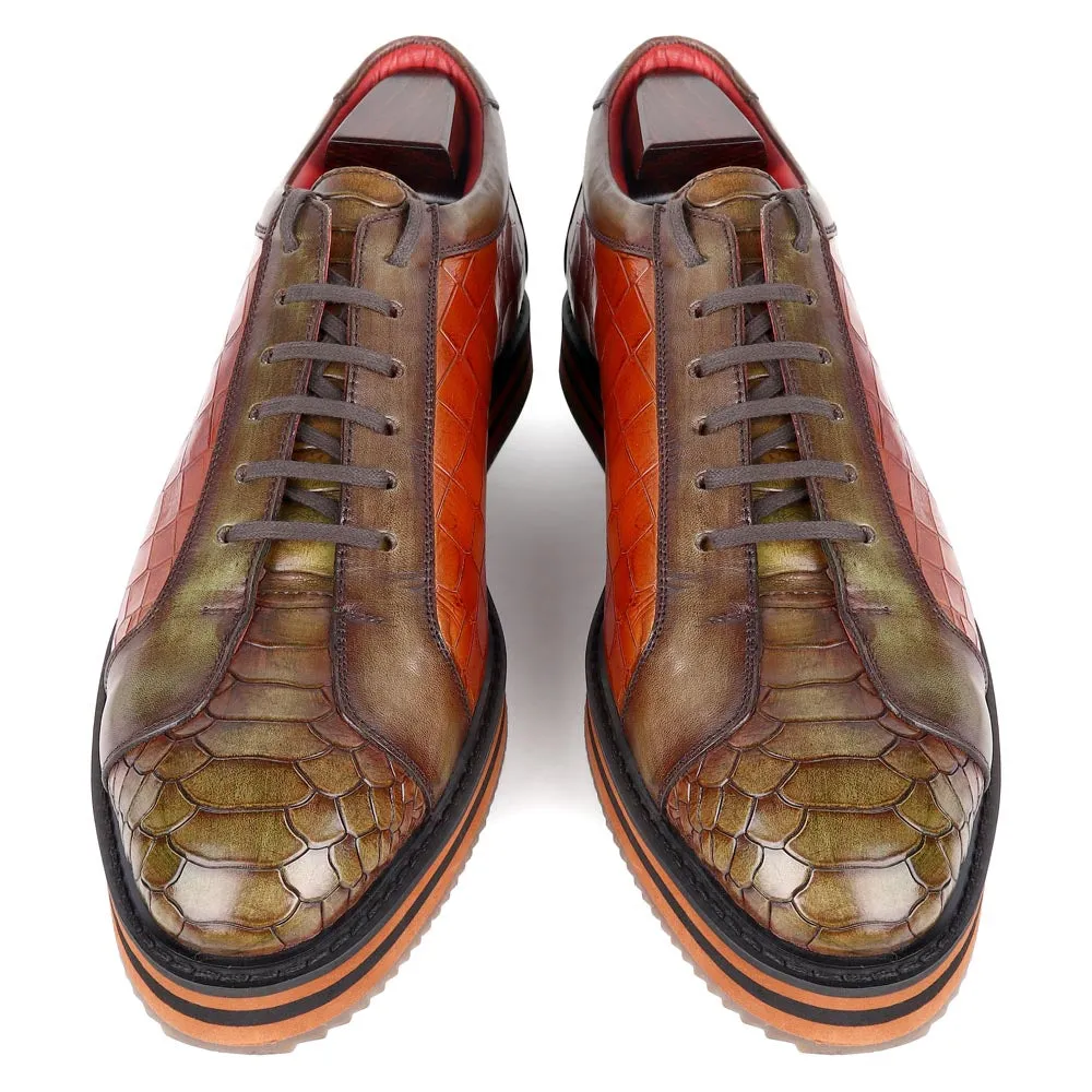 Green   Tan Croco Mirror Glossed Patina Platform Sneakers