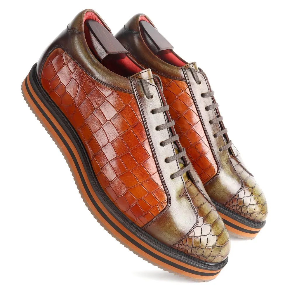 Green   Tan Croco Mirror Glossed Patina Platform Sneakers