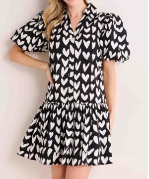 Heart Print Mini Dress - Black