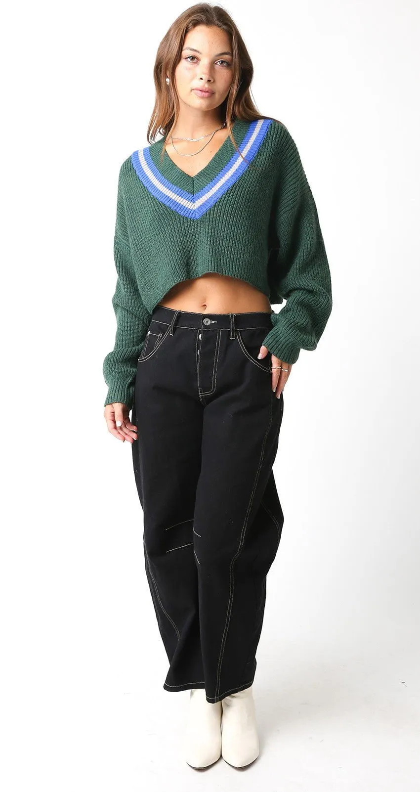 Kayleigh Green Cropped Varsity Sweater