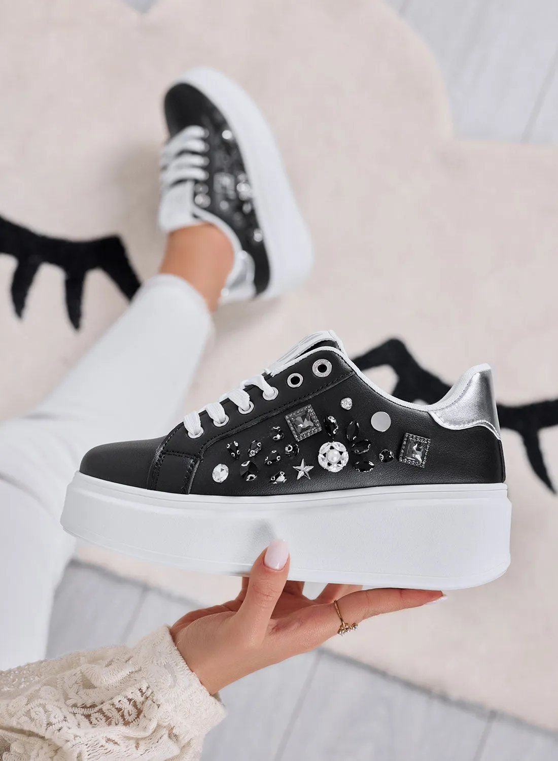 KELLY - Black sneakers with wedge and jewel applications