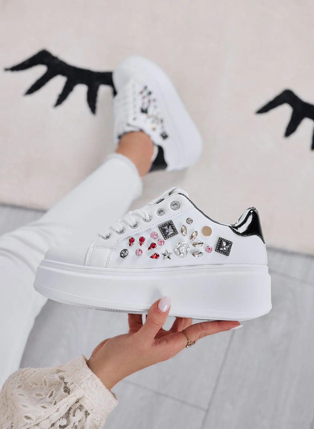 KELLY - White sneakers with wedge and multicolor jewel applications