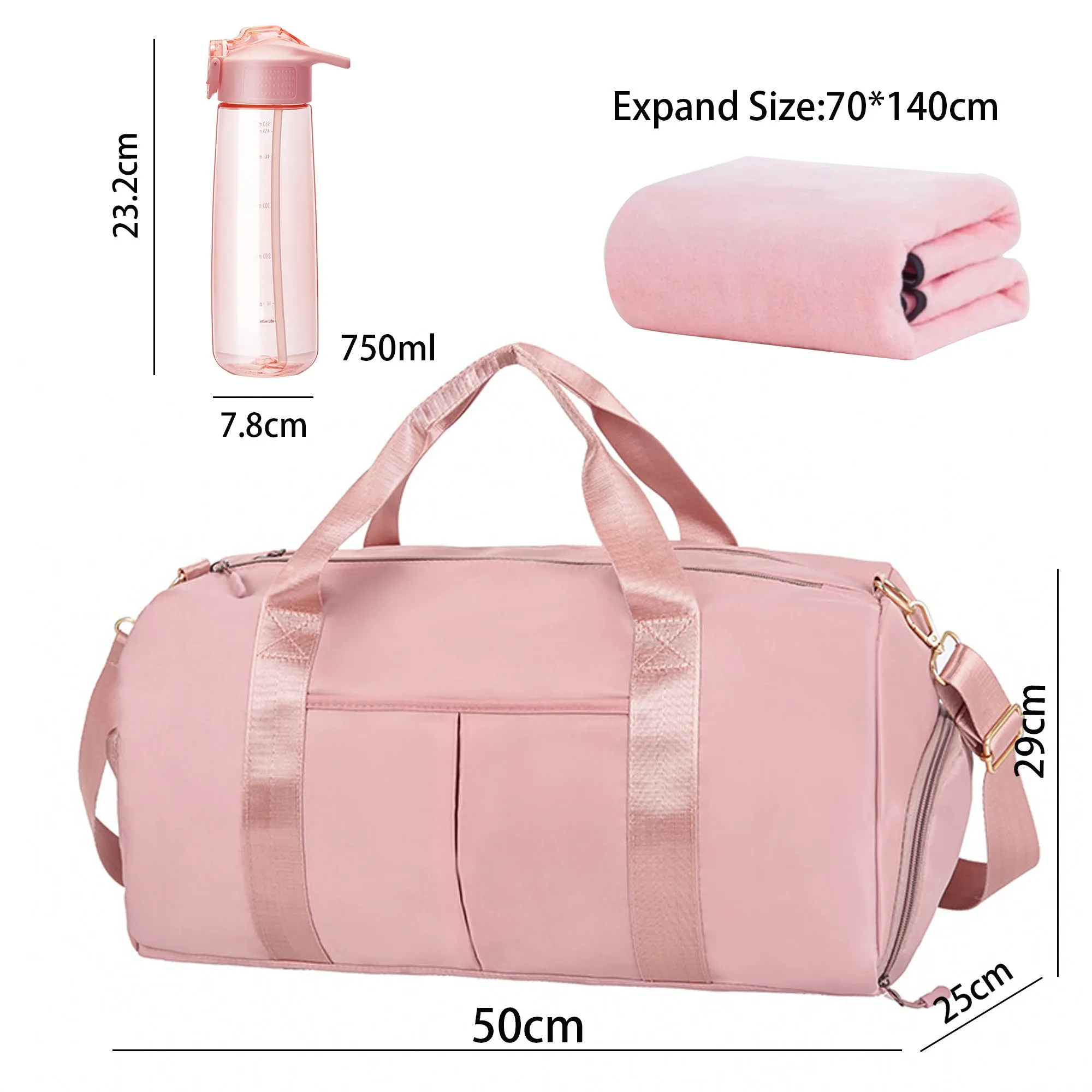 Lady's Gym Duffel Bag Set with Microfiber Sport Bath Towel & Water Bottle